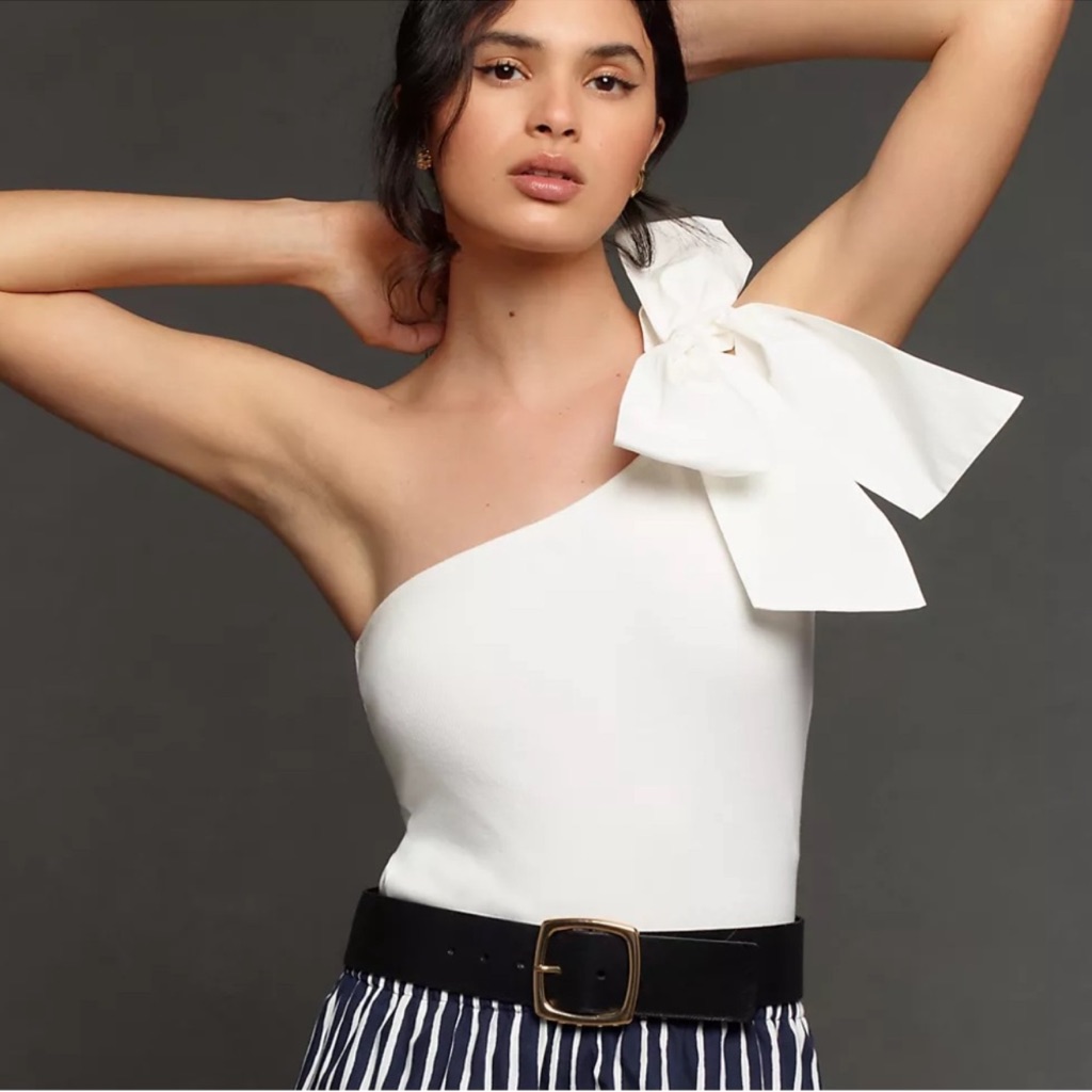 Anthropologie Maeve White One-Shoulder Top With Bow Small